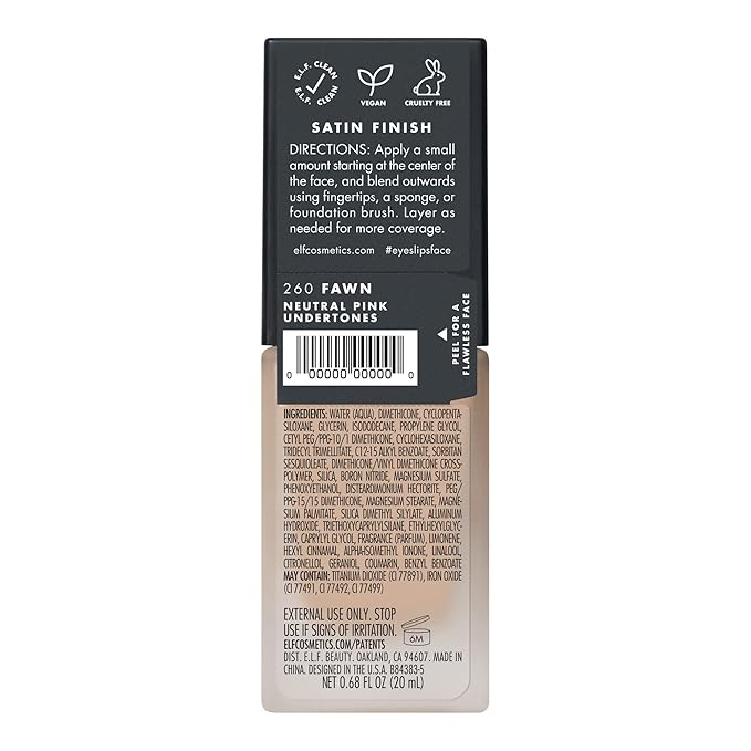 e.l.f. Flawless Finish Foundation, Lightweight & Medium Coverage, Semi-Matte Finish, Fawn, 0.68 Fl Oz (20mL)