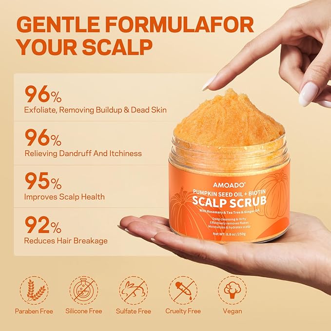 Scalp Scrub, Pumpkin Seed Oil Scalp Exfoliator With Biotin & Rosemary, Sulfate Free Scalp Detox for Itchy Scalp & Dandruff & Buildup Removal & Hair Growth, Hair Scrub with Scrubber