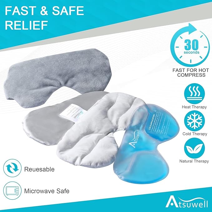 Atsuwell Cooling Eye Mask, Reusable Cold Sleep Eye Compress and Moist Heat for Eye Relaxing, Multipurpose Eye Bag for Dry Eyes with Microwavable Flaxseed Pad, Cold Gel Pad and Silky Cotton Insert