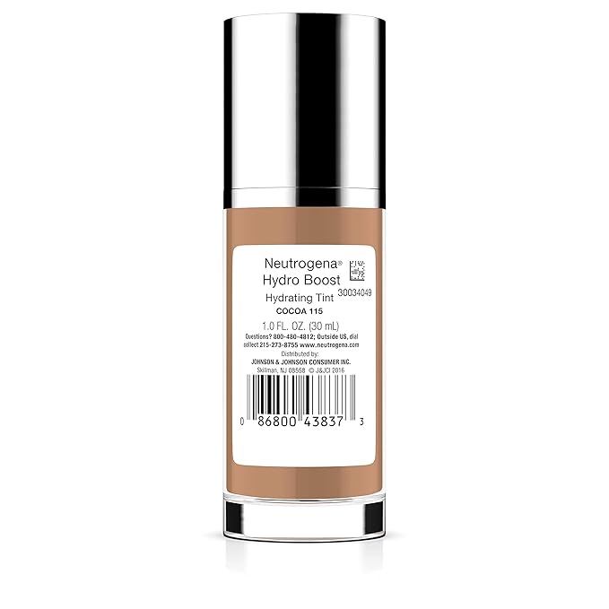 Neutrogena Hydro Boost Hydrating Tint Foundation Makeup for Dry Skin, with Hyaluronic Acid, Lightweight Oil-Free Water Gel, Non-Comedogenic, 115 Cocoa Color 1.0 fl. oz