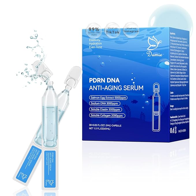 Salmon DNA PDRN Anti-Aging Serum, 5000ppm Salmon Egg DNA Ampoule, 2000ppm Collagen, Glutathione, Niacinamide & 6 Hyaluronic Acids, Korean Skincare for Wrinkles & Radiance,0.05 fl.oz x 30e