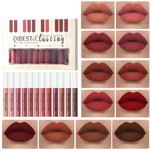 12Pcs Matte Liquid Lipstick Set for Girls & Women, 24 Hours Long Lasting Waterproof Nude & Dark Red Lip Gloss Makeup Kits, Velvet Non-Stick Cup Mate Duracion 24 Horas Originales Lip Stains (Set 01, 1)