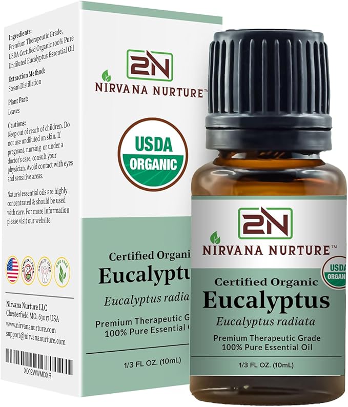Eucalyptus Essential Oil USDA Certified Organic 100% Pure Premium Therapeutic Grade, Undiluted - Aromatherapy Diffuser for Calm and Relaxation, Skin Care, Hair Care
