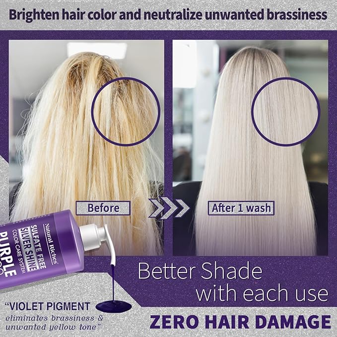 Natural Riches Radiant Silver Shine Purple Shampoo and Conditioner Set for Gray Hair - Paraben-Free and Color Safe – With Silk Proteins, Tones Dull Hair, Softens & Adds Shine - 16 fl oz