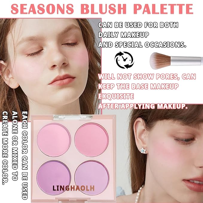 4 Colors Blush Palette for Cheeks,Face Matte Contour Blush Makeup Palette,Buildable Shimmer Facial Cheek Blusher Shades,Blendable Cosmetic Makeup Blush with Blush Brush 02