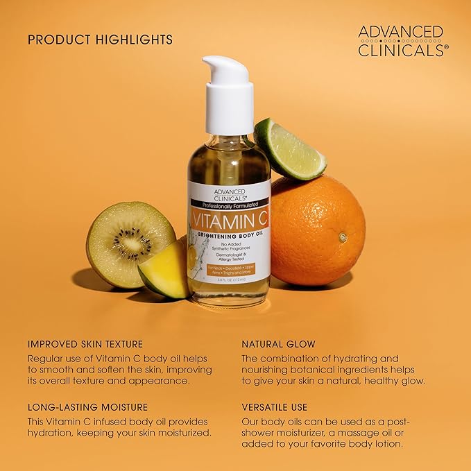 Advanced Clinicals Vitamin C illuminating Body Oil For Women & Men |Vitamin C Oil Skin Care Body Moisturizer With Vitamin E + Botanicals To Help Improve Appearance Of Dark Spots + Dry Skin, 2 Piece