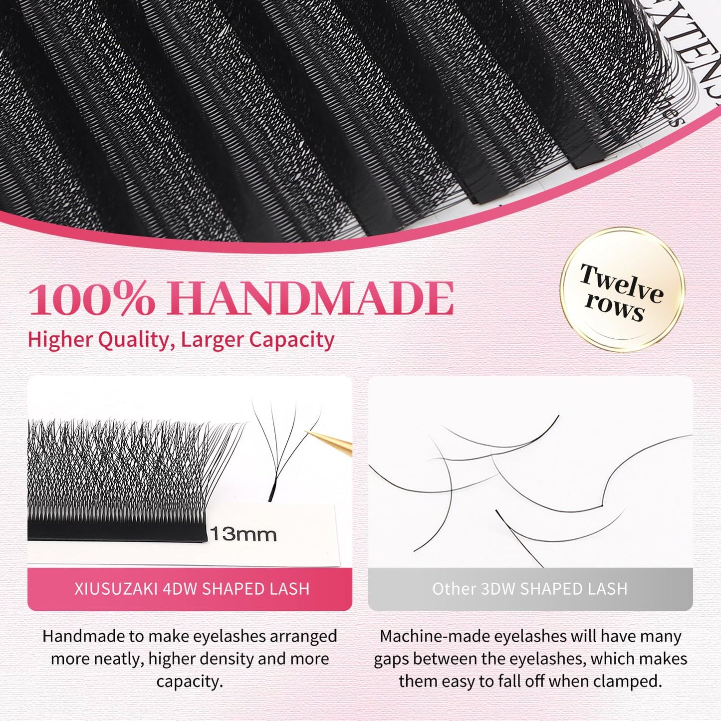 W Lash Extensions Supplies 4D Eyelash Extensions W Shape 0.07mm Thickness C Curl 12mm Premade Fans Easy Fan Lashes Volume Matte Black 12 Rows Crisscross Eye Lashes(W-4D-0.07-C,12mm)