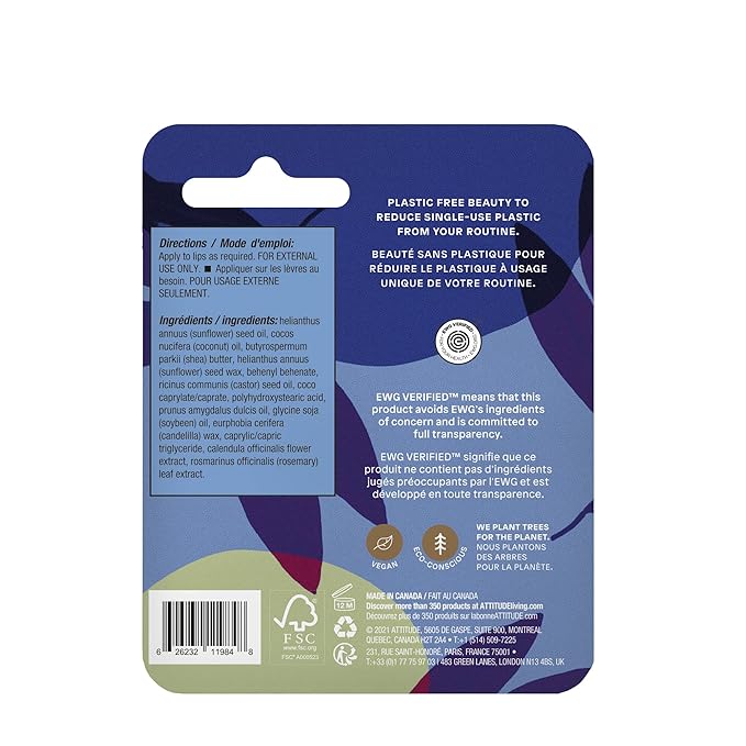 ATTITUDE Plastic-free Lip Balm, EWG Verified Plant- and Mineral-Based Ingredients, Vegan and Cruelty-free Personal Care Products, Unscented, 0.3 Oz