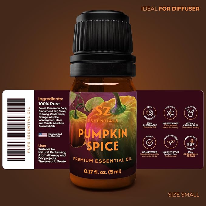 Pumpkin Spice Essential Oil Blend for Diffuser and Humidifier - 100% Pure and Natural - Rich Pumpkin Spice Scent, with Fruity and Spicy Overtones - Vegan - 0.17 floz (5 mL)