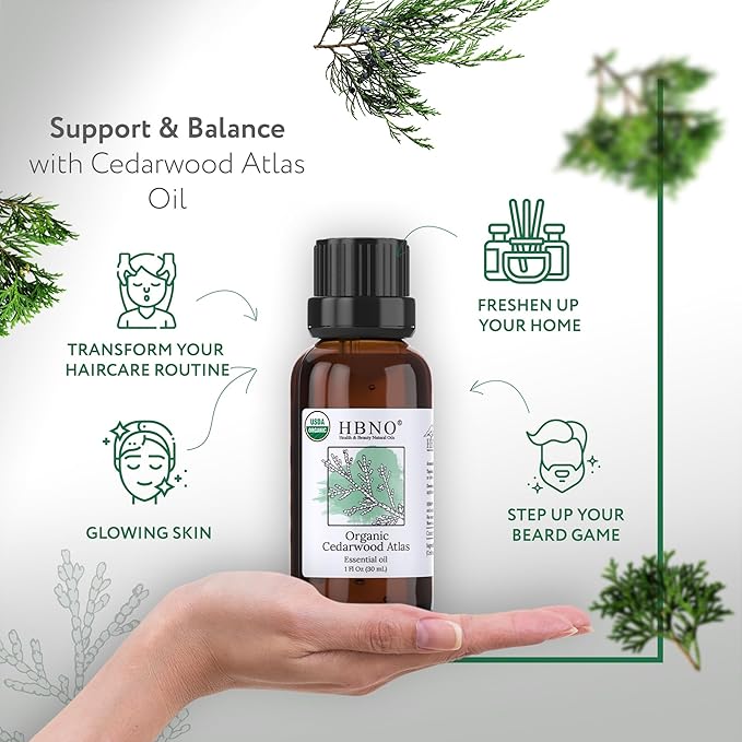 HBNO California Bottled Organic Cedarwood Essential Oil 1 fl oz (30ml) - USDA Certified Organic Cedarwood Essential Oil for Aromatherapy, Soap Making, DIY, Fragrances, Diffuser