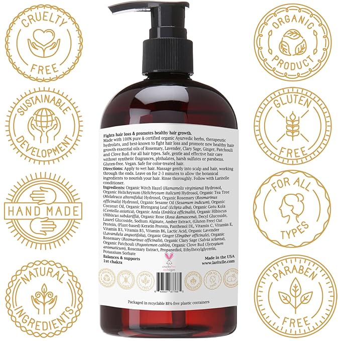 Organic Hair Growth Shampoo 17.5 oz – Fortifying & Strengthening with Ayurvedic Herbs, Lavender, Ginger, Rosemary, Patchouli, Clove – Reduces Shedding, Promotes Growth – Vegan, Made in USA