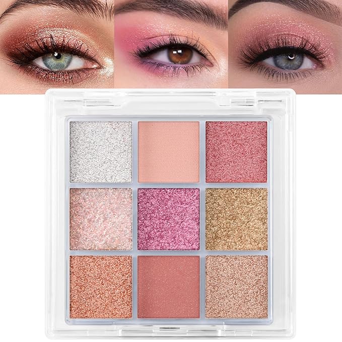 Erinde 9 Colors Eyeshadow Palette, Matte Shimmer Glitter Eye Shadow Palette Makeup, Highly Pigmented Long Lasting Waterproof, Natural Neutral Nude Eyeshadow Makeup Pallet, Sunset Glow