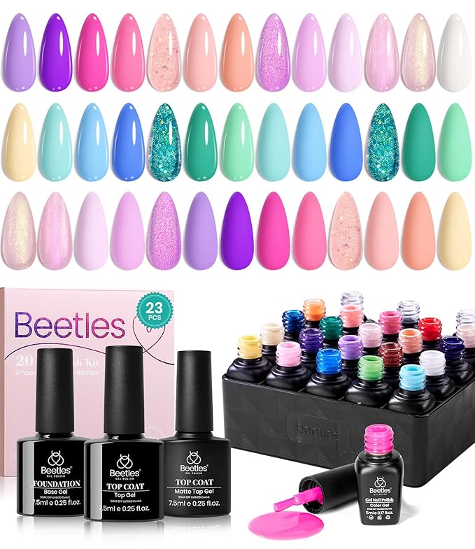 Beetles Purple Gel Nail Polish Set - 20 Colors Hot Pink Purple Shimmer Green Unicorn Bright Glitter Manicure Macaron Collection Pastel Gel Polish Kit with Base Matte Glossy Top Coat
