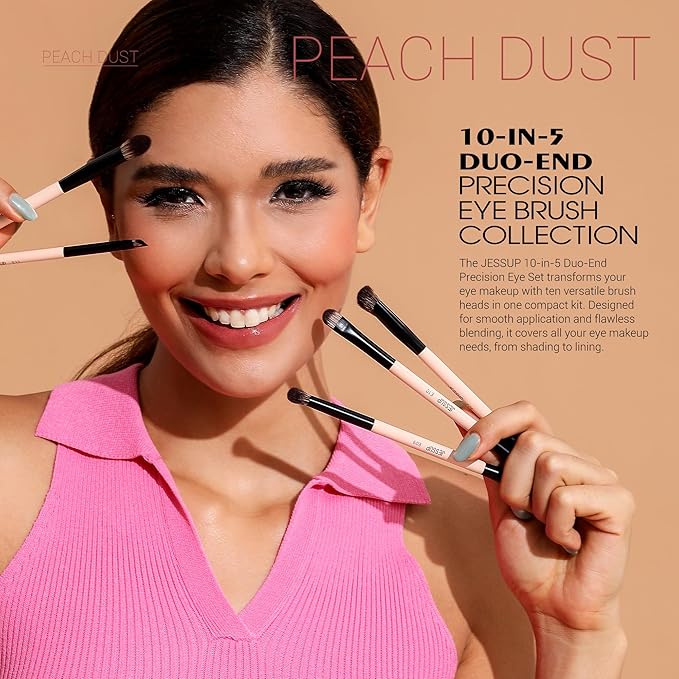 Jessup Makeup Brushes 5pcs Double Ended Eyeshadow Brush Contour Blending Eyeliner Eye Shader Brush, Vegan Fiber Precision Eye Brush Set Peach Dust T509