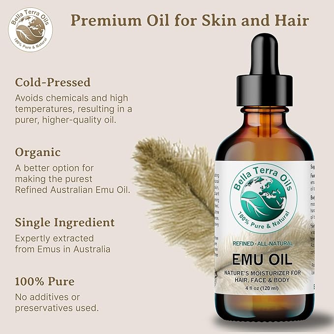 Bella Terra Oils - Emu Oil 4 oz - Genuine Pure Australian Emu, Infused with Linoleic & Oleic Acid, Perfect Companion for Lustrous Skin