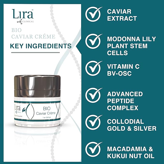 Lira Clinical BIO Caviar Crème - Daily Hydrating Facial Moisturizer with Advanced Peptide Complex and Vitamin C - Night Cream for Dry Skin - Travel Size Nourishing Cream for Skincare Routine - 1 oz