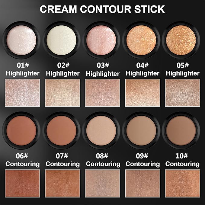 2Pcs Cream Contour Stick Makeup Kit, Cream Highlighter Stick and Bronzer Contour Stick with Longwear Waterproof Formula for Brightening and Trimming the Cheeks, Makeup Brush Include (#05, 10)