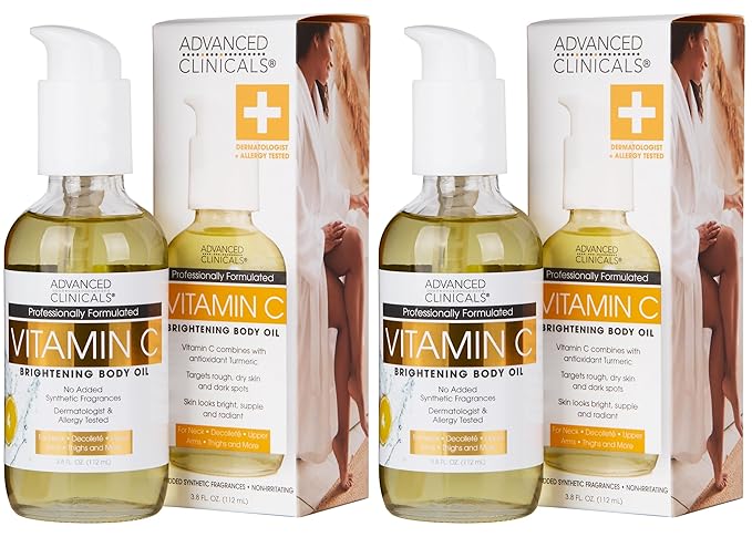 Advanced Clinicals Vitamin C illuminating Body Oil For Women & Men |Vitamin C Oil Skin Care Body Moisturizer With Vitamin E + Botanicals To Help Improve Appearance Of Dark Spots + Dry Skin, 2 Piece