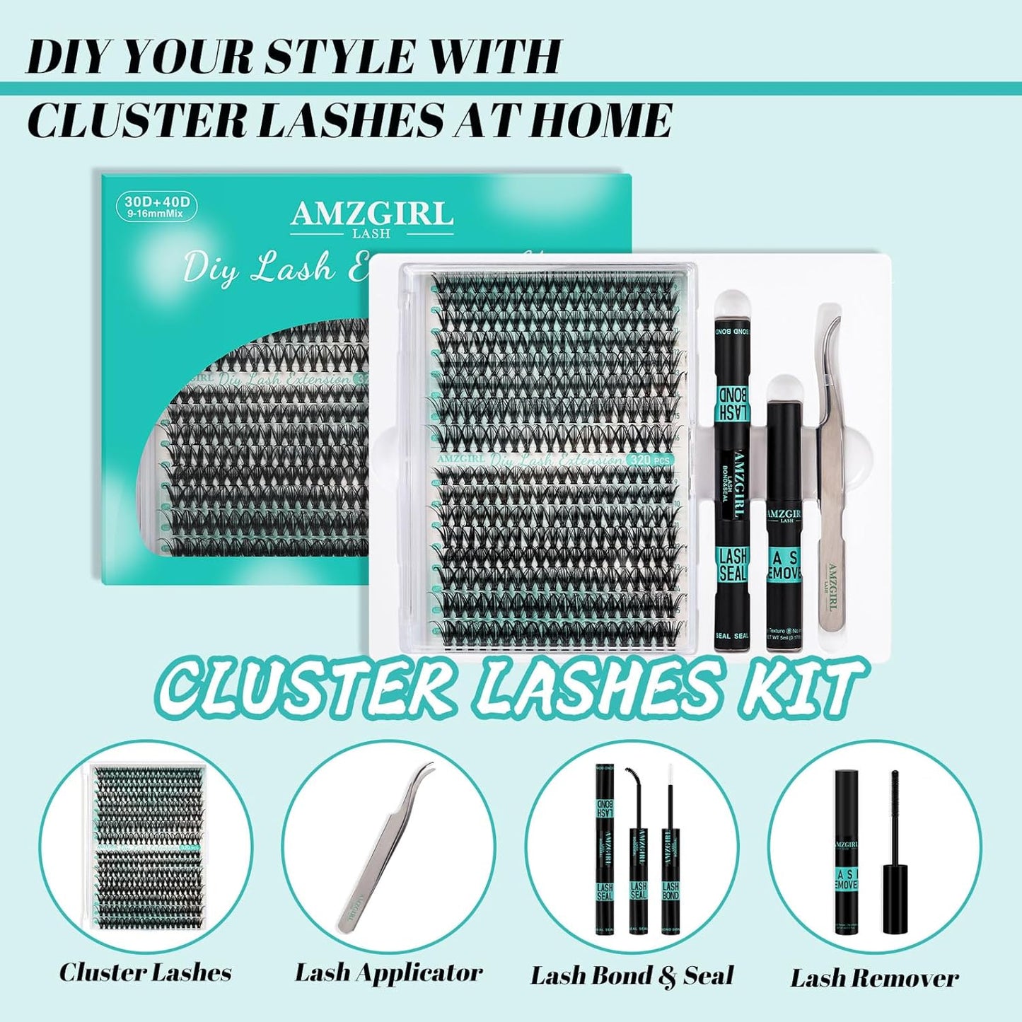 Lash Clusters Kit 320Pcs,DIY Individual Lashes Extension Kit,Lash Bond And Seal,Lash Remover For Eyelashes Extensions,Lash Applicator Tool For False Eyelash Cluster Kit At Home(3040D,D-Mix9-16mm Kit)