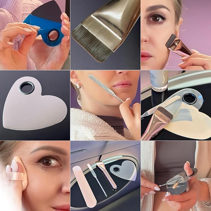 Makeup Brush Set - Flat Foundation Brush, Blender Sponge, Face Spatula, Puff & Heart-Shaped Mixing Palette with Leather Case – Complete Face Makeup Tool Kit for Blending, Foundation & Application