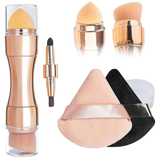 kullder 4 in 1 Makeup Brush Travel Makeup Brushes Blend Sponge, Eyebrow, Eyeshadow & Blush Brushes for Foundation Concealer Double Ended Makeup Brush with Powder Puff Women Ideal Gifts