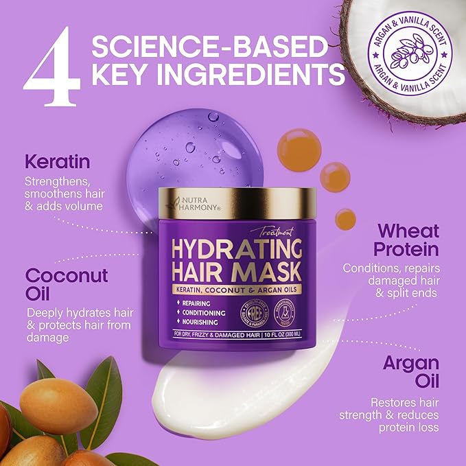 NUTRAHARMONY Hydrating Hair Mask for Dry, Frizzy & Damaged Hair β Deep Conditioning Keratin Treatment with Argan & Coconut Oils, Collagen & Biotin β Repairing, Anti-Frizz Hair Mask for Women, 10oz