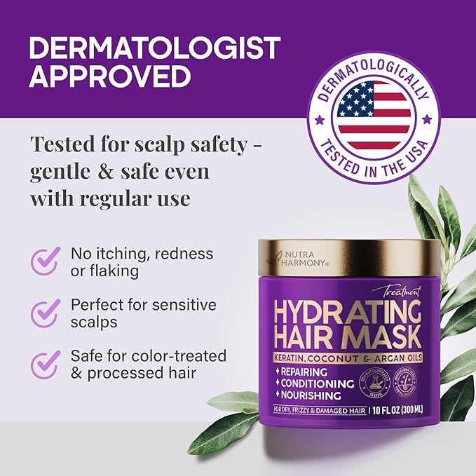 NUTRAHARMONY Hydrating Hair Mask for Dry, Frizzy & Damaged Hair β Deep Conditioning Keratin Treatment with Argan & Coconut Oils, Collagen & Biotin β Repairing, Anti-Frizz Hair Mask for Women, 10oz