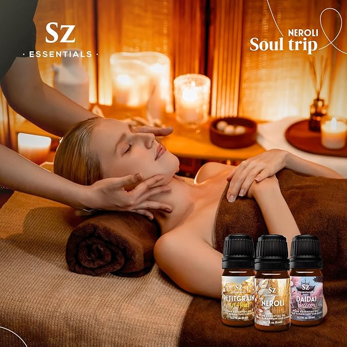 Neroli Soul Trip Essential Oils Collection- Neroli + Petitgrain Sur Fleurs + Dai Dai Blossom -Set of 3 Bottles (0.17 Fl Oz- 5ml each)- 100% Pure & Undiluted - Therapeutic Grade & Vegan