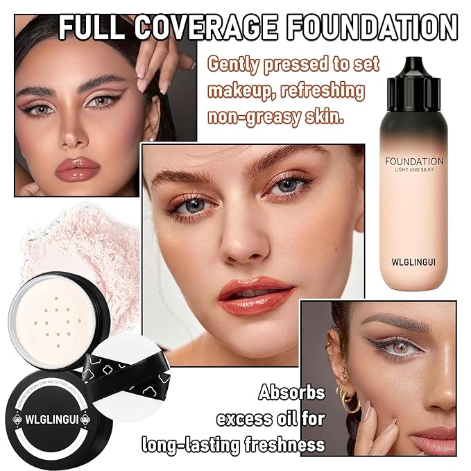 Full Coverage Liquid Foundation Makeup Set,Oil Control Concealer Long Lasting Waterproof Loose Setting Face Powder,Moisturizing BB Cream Set with Soft Makeup Sponge and Foundation Makeup Brush(4PCS)