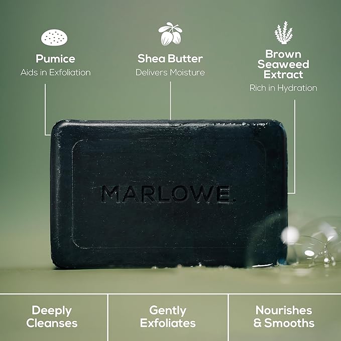 MARLOWE. No. 106 Charcoal Soap 7 oz (6 Bars) Body Bar Soap for Men, Cleansing, Purifying & Hydrating with Natural Extracts, Shea Butter, Olive Oil & Green Tea Extracts, Fresh Woodsy Scent