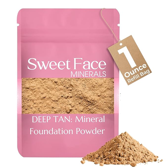 Foundation Refill (DEEP TAN)(1 Ounce Bag) By Sweet Face Minerals, Lightweight Mineral Loose Makeup Powder with SPF 20, Full Coverage Flawless Finish, Talc-free, Cruelty-Free, Refillable Pouch