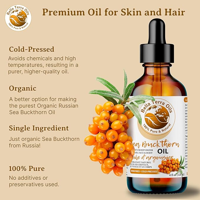 Bella Terra Oils - Seabuckthorn Berry Oil 4oz - Experience Nature's Luxurious Touch, Brimming with Vitamin E & Carotenoids, Transcend Ordinary Skincare