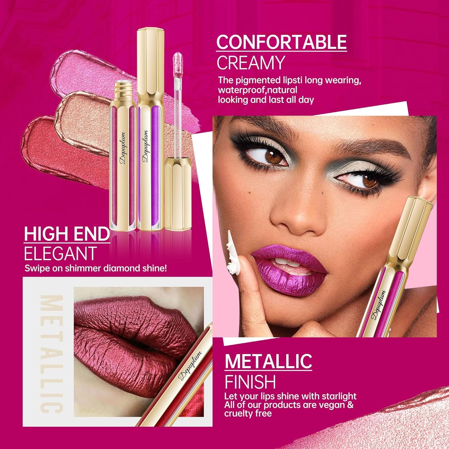 Burgundy Lipsticks for Women Metallic Lipstick Long Lasting Non Stick Cup Lip Gloss, Shimmer Lightweight Hydrating Full Coverage Lip Color, DP107 Wild Girl