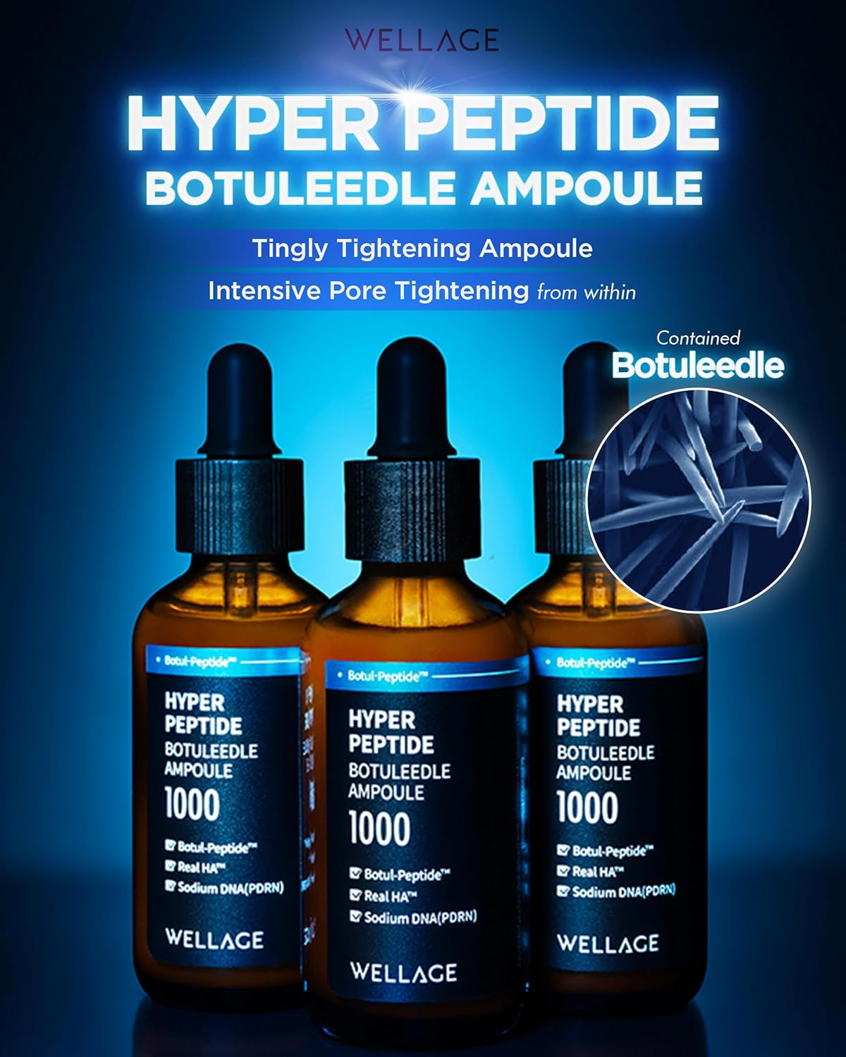 WELLAGE Hyper Peptide Botuleedle Ampoule, Korean Anti-Aging Serum with Infused Peptide, High Purity of Hyaluronic Acid, PDRN, Panthenol, Squalane - Pore Elasticity, Plumping Skin, 1.69 fl.oz.