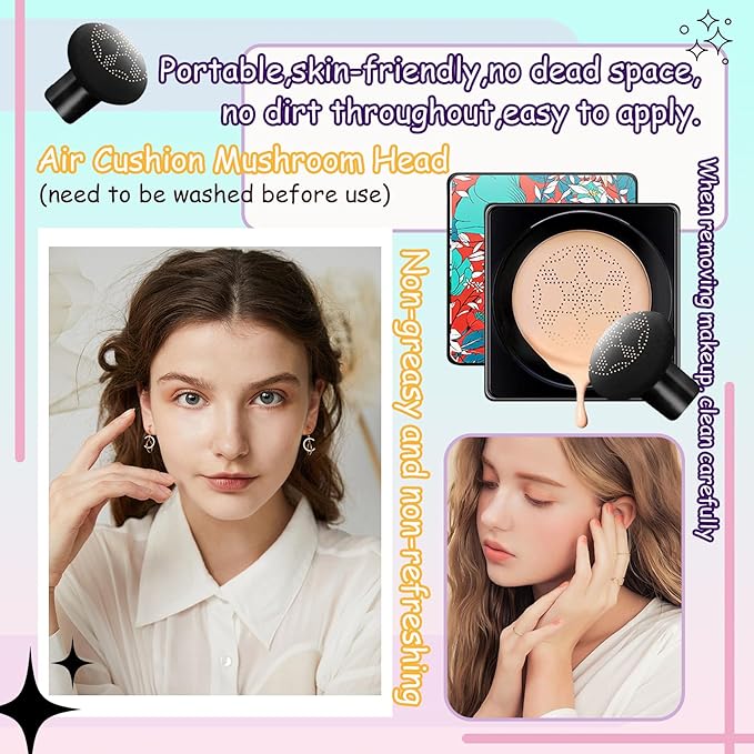 Air Cushion CC Cream Mushroom Head Foundation,Waterproof Long Lasting Loose Setting Powder,Moisturizing BB Cream Liquid Foundation Makeup Primer Concealer Base with Makeup Sponge(4PCS)
