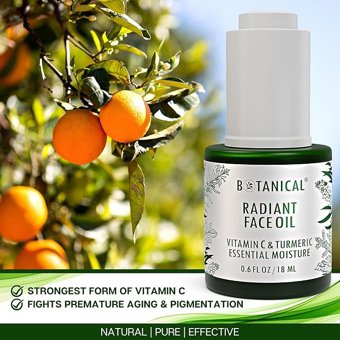 Botanical Radiant Face Oil | Skin Brightening Turmeric & Vitamin C Serum w/Gua Sha Lift Scraper | Organic, Pure, Natural Skincare (0.6 fl oz | 18 ml)