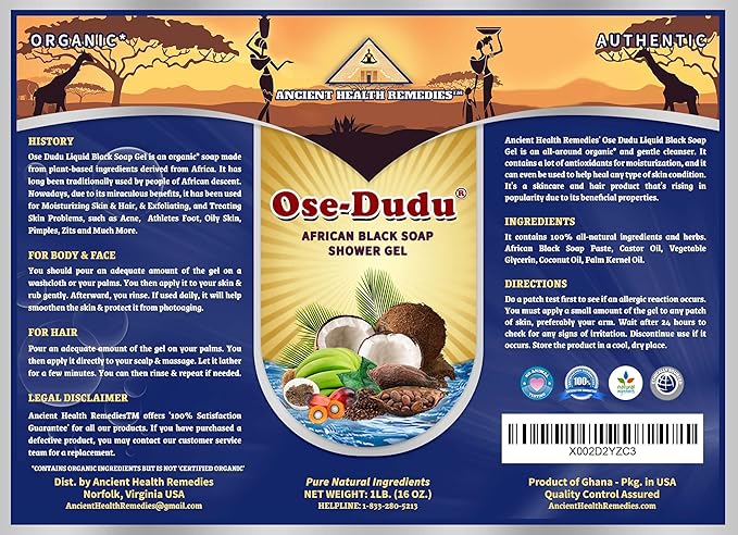 Organic, Anti-Bacterial OSE DUDU LIQUID BLACK SOAP GEL 1 LB (16 oz) Acne Eczema Dry Skin Psoriasis Scar Removal Face and Body Wash Skin Care (GHANA)