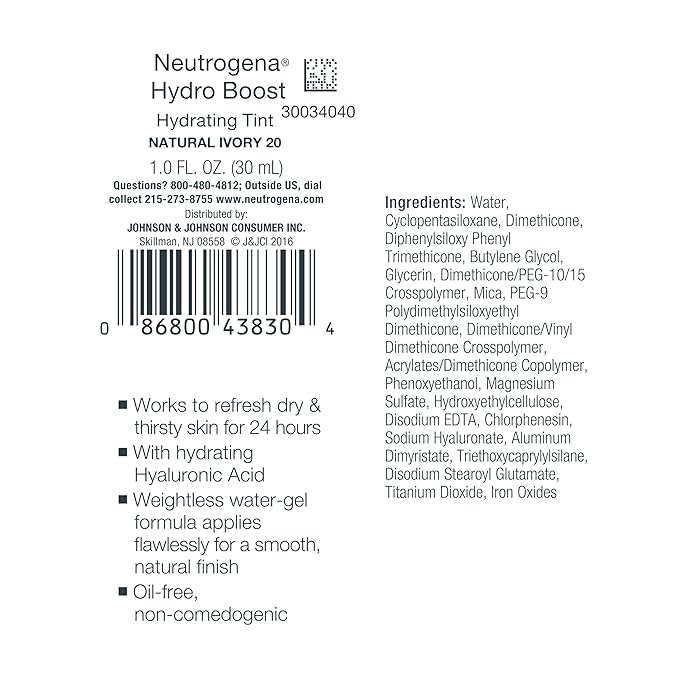 Neutrogena Hydro Boost Hydrating Tint Foundation Makeup for Dry Skin, with Hyaluronic Acid, Lightweight Oil-Free Water Gel, Non-Comedogenic, 20 Natural Ivory, 1.0 fl. oz