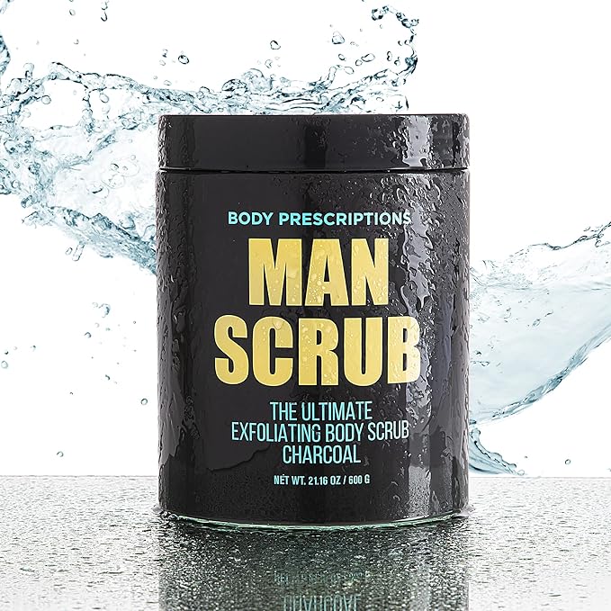 Body Prescriptions Men’s Exfoliating Body Scrub – Ultimate Skin Cleansing Wash in Jar with Twist-Top Lid, For All Skin Types, 21 Ounce (Pack of 1), Charcoal