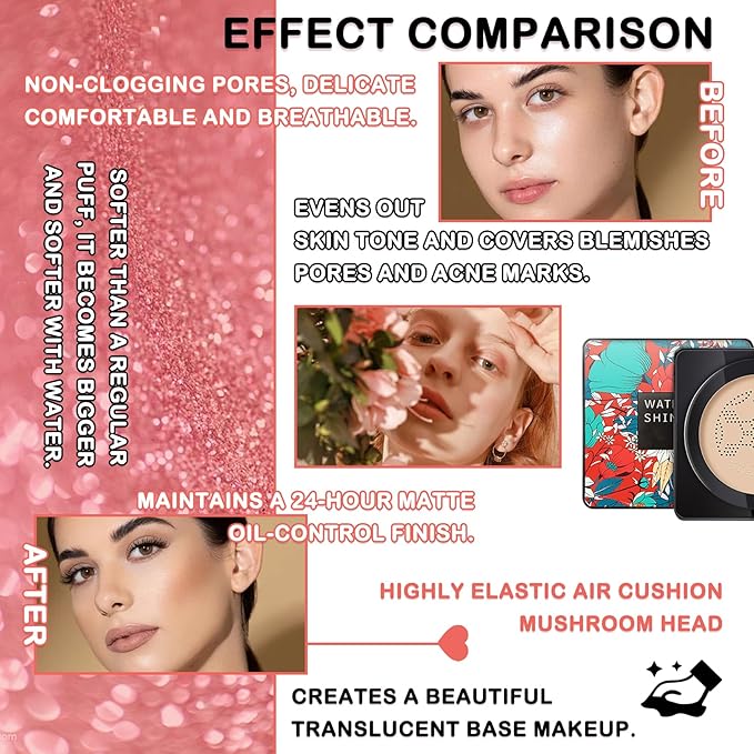 Mushroom Head Air Cushion CC Cream Full Coverage Liquid Foundation Set,Oil Control Concealer Lasting Moisturizing BB Cream,Loose Setting Face Powder Moisturizer Base Primer Makeup with Makeup Sponge