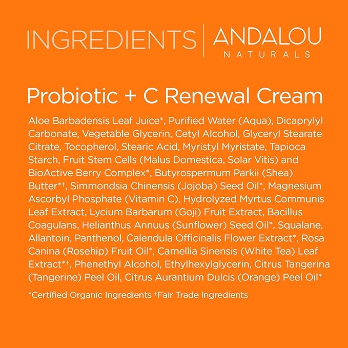 Andalou Naturals Probiotic + C Renewal Cream, Probiotic Plus C, Complexion Enhancing Face Moisturizer, Helps Promote Firmer Skin & More Even Skin Tone, Lightweight Hydrating Facial Moisturizer, 1.7 Oz