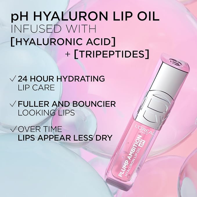 L'Oreal Paris Plump Ambition pH Hyaluron Lip Oil, Color Shifting Lip Tint with 24HR Hydration, Volumizing Shine and Lasting Color, 050 pH Lilac