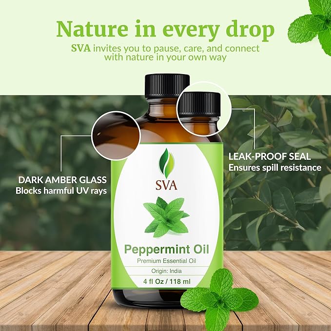 SVA Peppermint Essential Oil – 4 Fl Oz – 100% Natural Peppermint Oil - for Diffuser, Hair Care, Face, Skin Care, Aromatherapy, Scalp and Body Massage, Soap and Candle Making - with Dropper