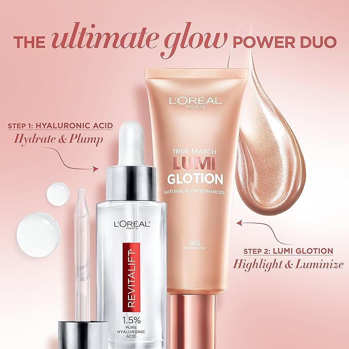 L'Oreal Paris Revitalift 1.5% Pure Hyaluronic Acid Face Serum 1.0 oz + True Match Lumi Glotion Natural Glow Enhancer Lotion, Medium 1.35 fl. oz, 1 kit