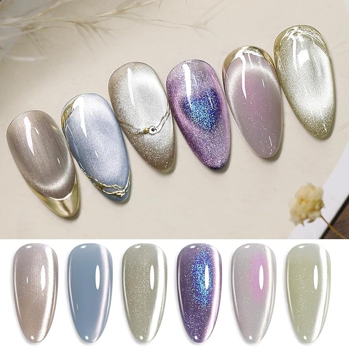 Born Pretty Magnetic Gel Nail Polish Set,Cat Magnetic Eye Gel Jelly Glass Crystal Magnetic Gel Polish Nail Art Manicure Kit 6PCS