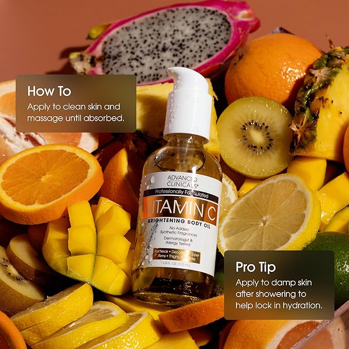 Advanced Clinicals Vitamin C illuminating Body Oil For Women & Men |Vitamin C Oil Skin Care Body Moisturizer With Vitamin E + Botanicals To Help Improve Appearance Of Dark Spots + Dry Skin, 2 Piece