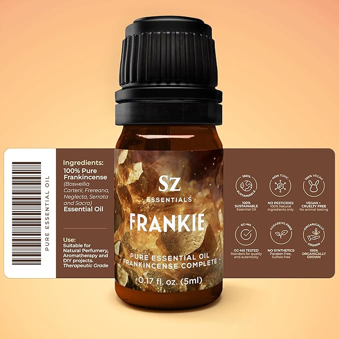 Frankie - Frankincense Complete Pure Essential Oil - 100% Natural and Undiluted - Extracted from 5 top Boswellia Trees - Warm & Rich Balsamic Scent with Hints of Earthy Spice -0.17 oz