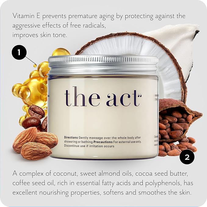 THE ACT Solid Coconut Body Butter β Organic Vegan Moisturizer with Shea & Almond Oils β Melts in Hands β Massage Balm for Dry Skin β Natural Skincare for Women & Men β 6 oz with Spatula