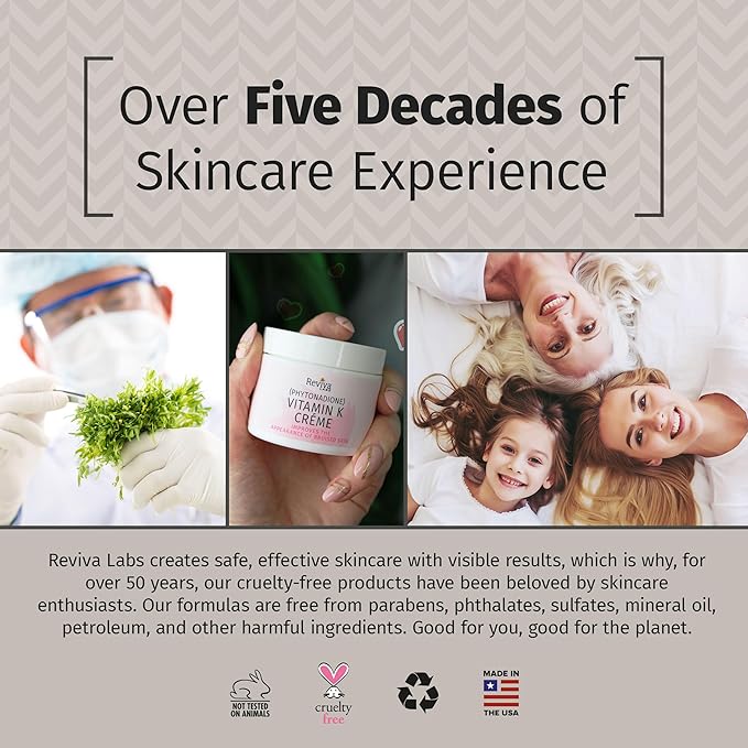 Reviva Labs Vitamin K Crème for Bruising, Under-Eye Dark Circles, and Wrinkles with Soybean Oil and Natural Fruit Extracts - 2 Oz, for Skin and Face