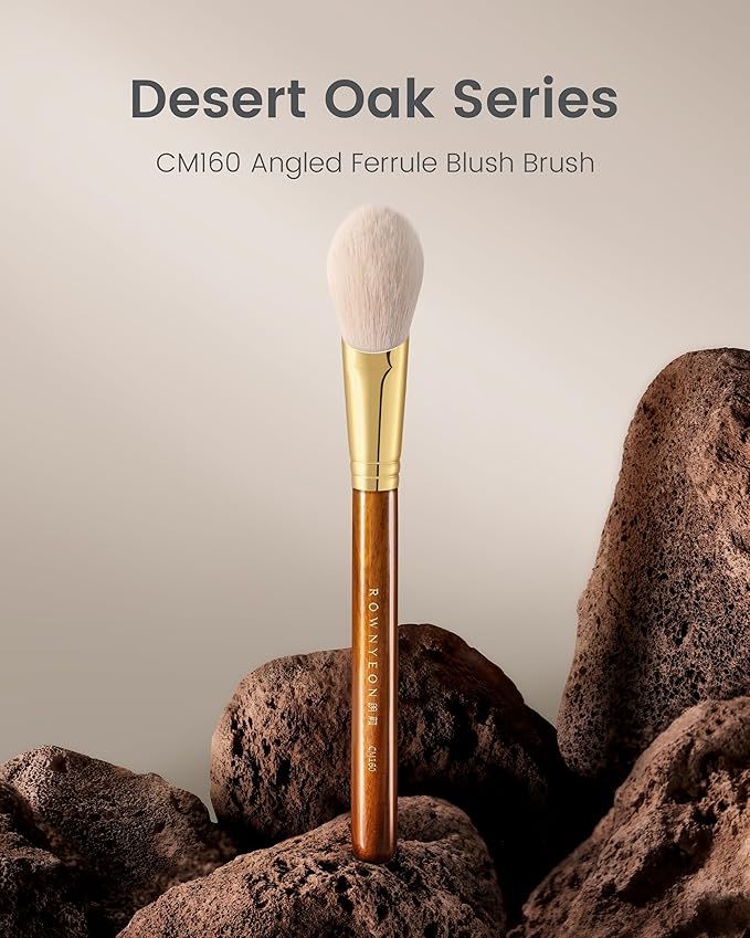 Desert Oak Series CM 160 Angled Blush Brush for Cheeks β Ideal for Powder & Cream Blush, Golden Brass Ferrule, Ebana Bubinga Handle, Soft Nylon Bristles